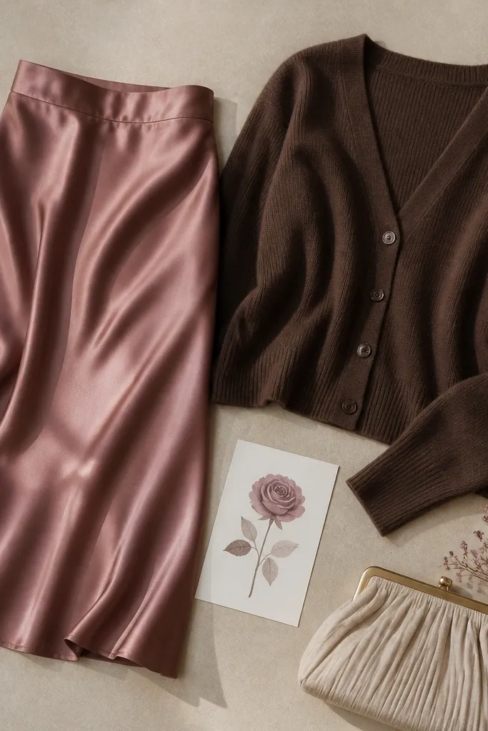 A wedding guest outfit flat-lay: dusty rose satin skirt next to a cocoa brown knit cardigan, with a small card that shows a muted rose flower illustration.