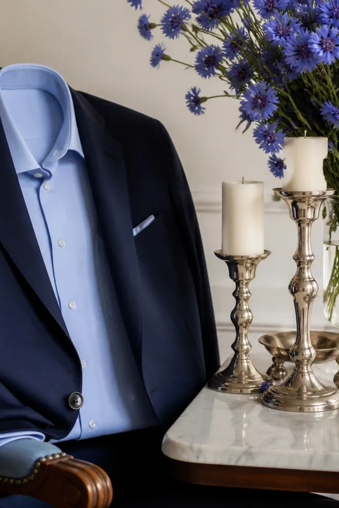 A navy suit jacket paired with a powder blue dress shirt, alongside silver candle holders and a bouquet of cornflower-like blue blooms.