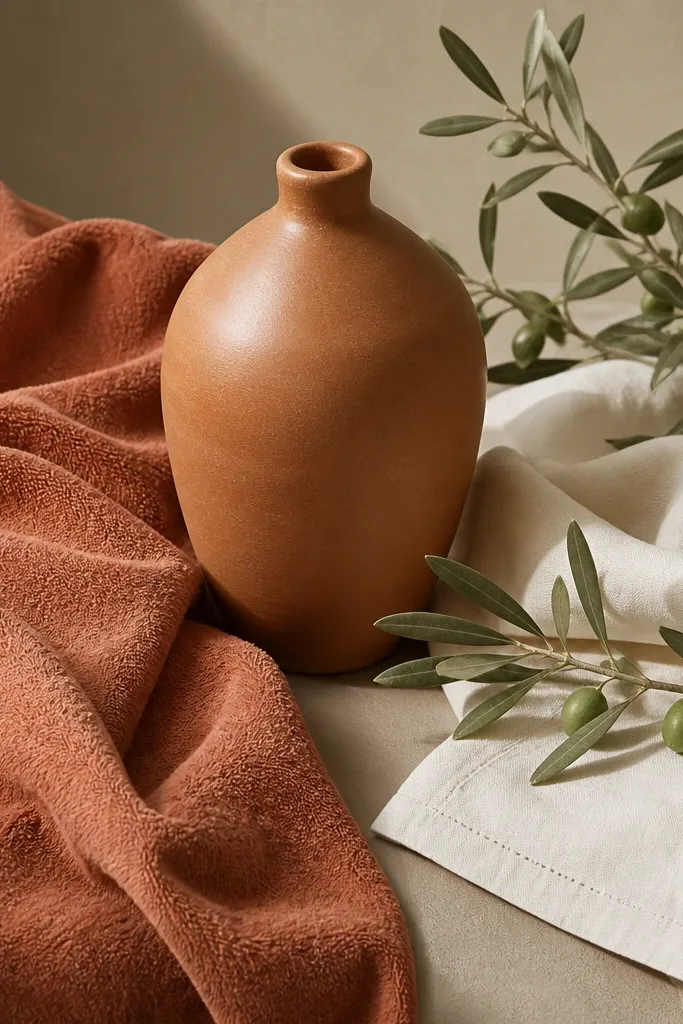 A terracotta terry dress fabric swatch next to a cream cotton napkin and olive branch greenery, with a warm-toned ceramic vase in the center.