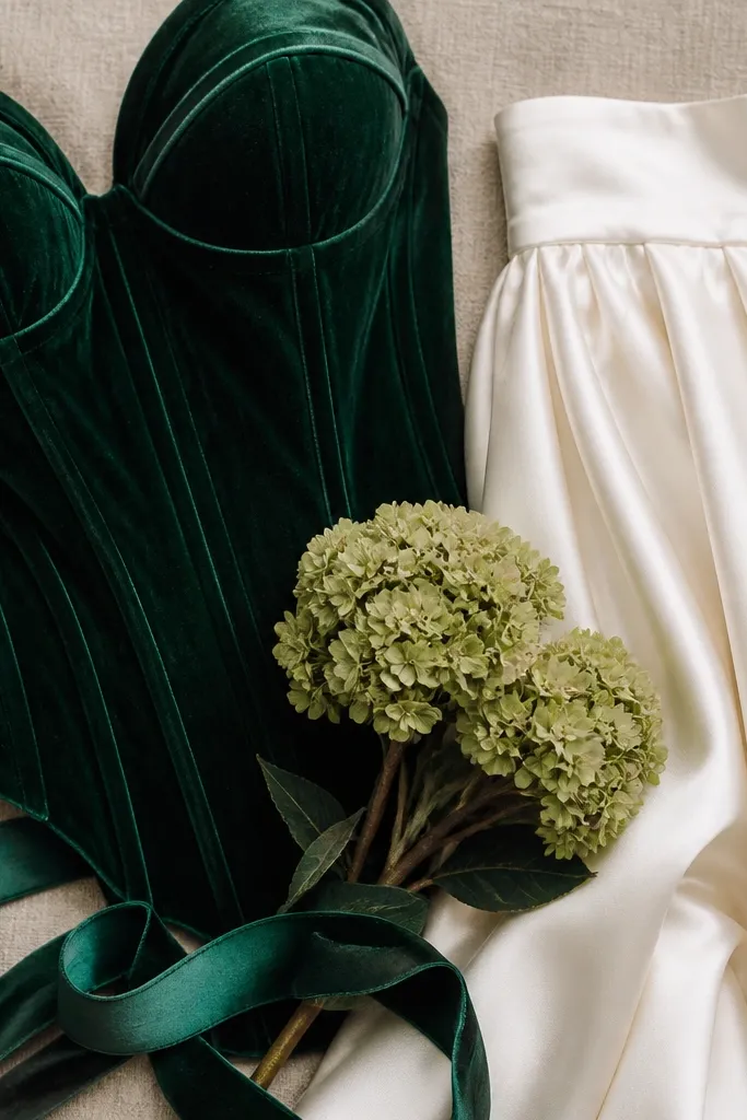 A deep emerald velvet bodice next to an ivory satin skirt, with a small arrangement of green hydrangea-like blooms and teal ribbon details.