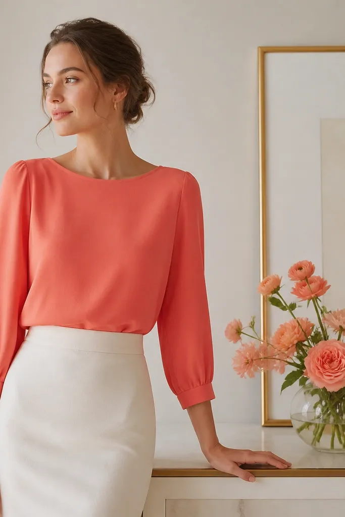 A coral crepe top paired with an ecru skirt, with gold-framed signage and peachy coral flowers arranged in a simple vase.