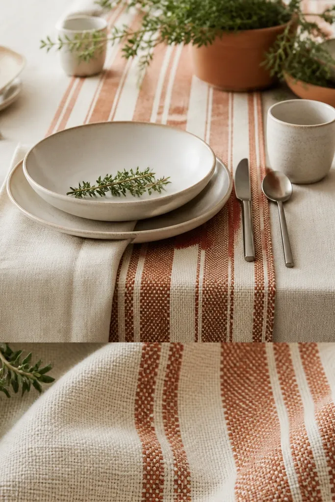 A cream table setting with a terracotta striped runner, green herb sprigs, and a close-up of fabric texture showing woven stripes.