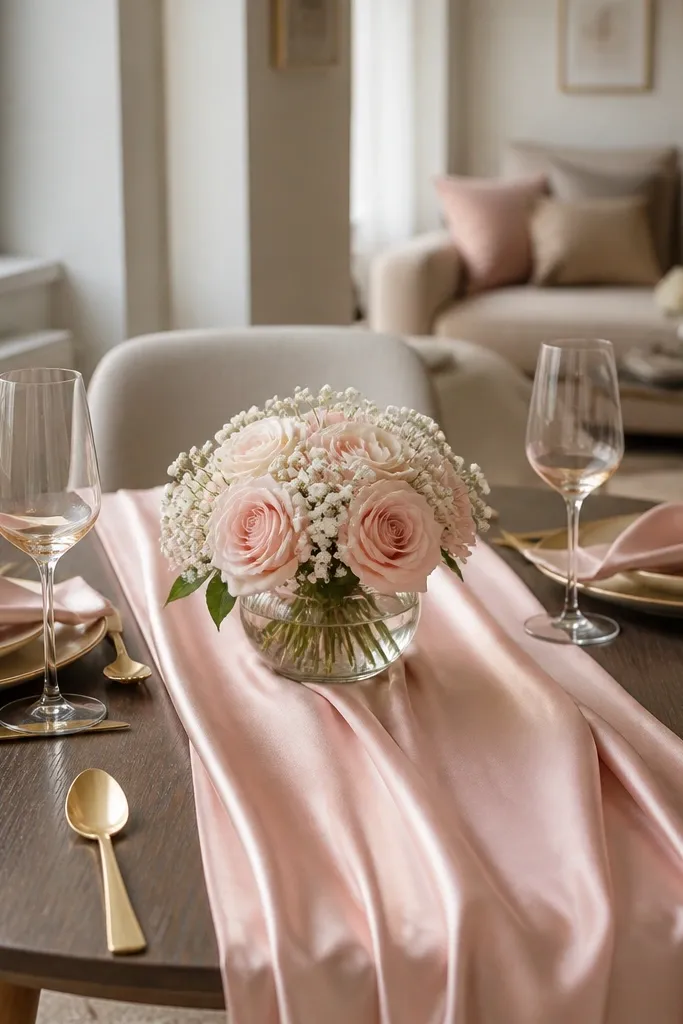 A small apartment dining table styled with a blush satin runner, champagne-colored plates, soft gold cutlery, and a compact centerpiece of pale pink roses and baby's breath in a low glass vase.