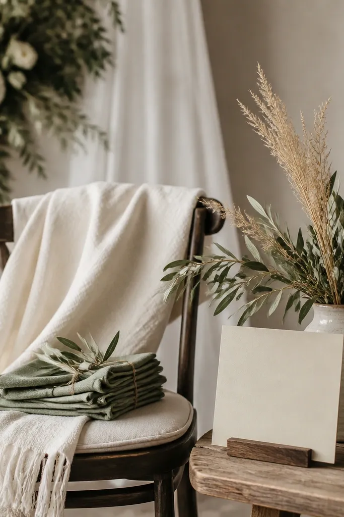 A compact ceremony corner with an ivory throw on a chair, sage napkins, a small vase of sage leaves and dried wheat stems, and a minimal sign with dark green lettering.