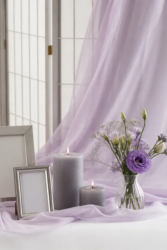 A minimalist backdrop with lilac sheer fabric draped over a folding screen, soft gray candles, silver picture frames, and a small bouquet in a clear vase.