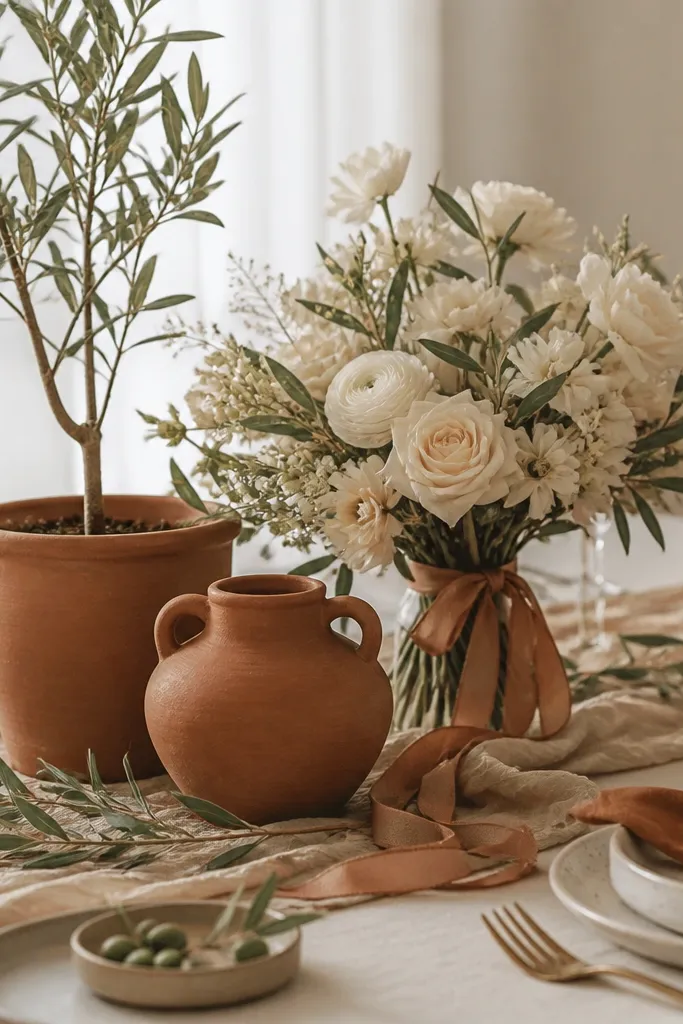 A low tabletop setup with terra cotta planters, oat-colored table runner, olive branch sprigs, and a bouquet of cream blooms with terracotta ribbon.