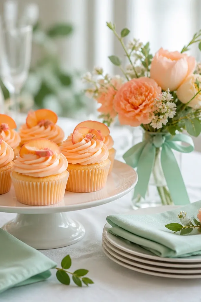 A small dessert table with peach cupcakes, mint-green napkins, white linen, and a compact floral arrangement featuring peach blossoms and mint-toned ribbon.