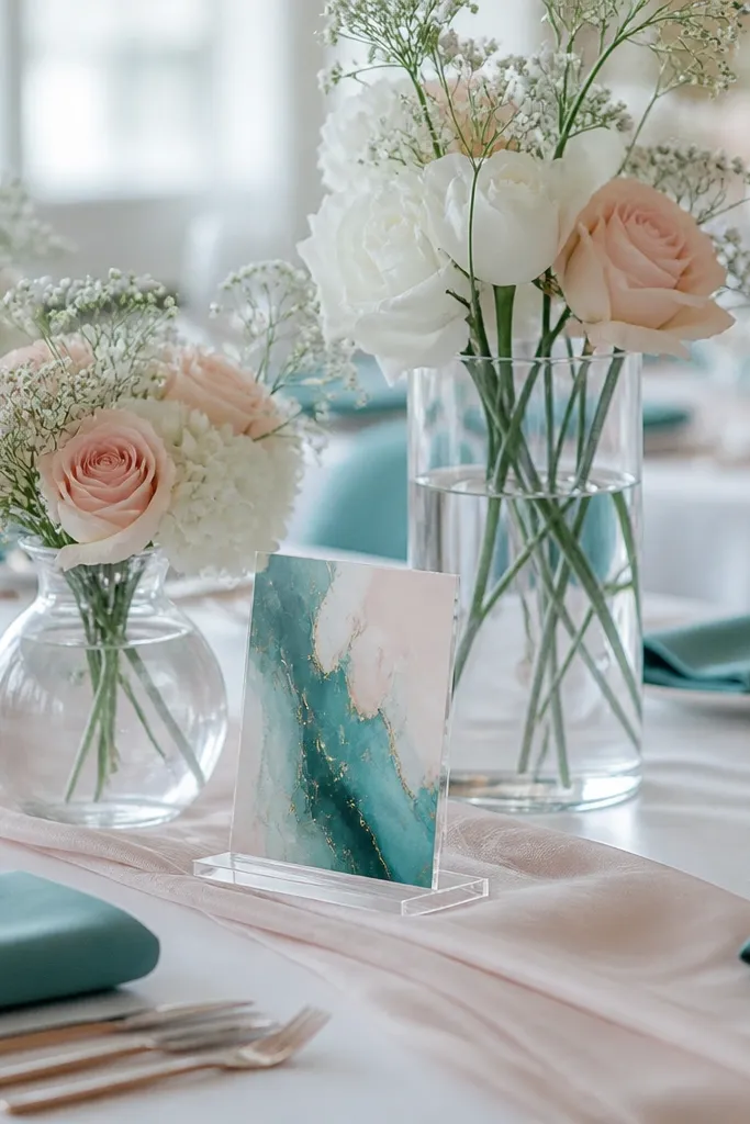 Clear glass vases with water, ocean teal napkins, blush table runner, and teal-and-blush signage on a small acrylic stand.