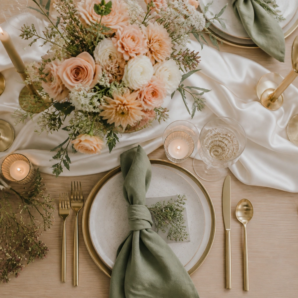 A styled wedding flat-lay with a peach-toned bouquet, cream satin table runners, sage green napkins, and soft gold candles on a light wood table.