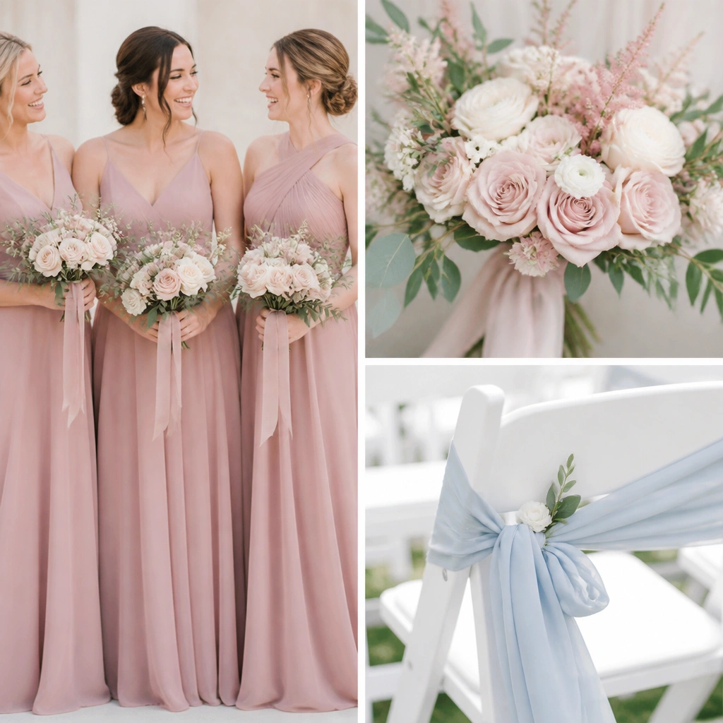 A bridal party color board showing dusty rose chiffon bridesmaid dresses, a blush bouquet with pale pink flowers, and powder blue ribbon tied around white ceremony chairs.