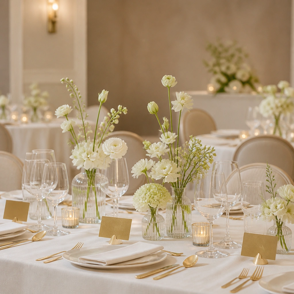 An elegant reception scene with ivory table settings, champagne-gold place cards, and soft green flower stems in bud vases, all on a neutral beige backdrop.