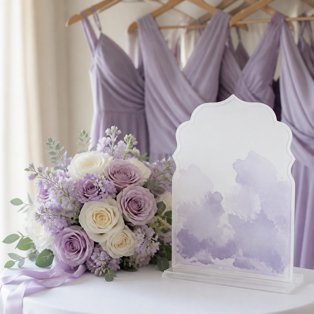 A pastel display with lavender bridesmaid dresses, a lilac-and-white bouquet, and white acrylic signage with lavender ink.