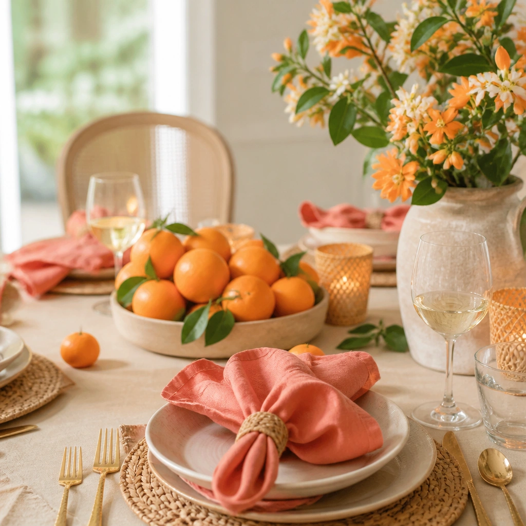 A bright summer-meets-spring table vignette with coral napkins, tangerine citrus-style centerpieces, sand-colored linens, and orange blossoms in a vase.