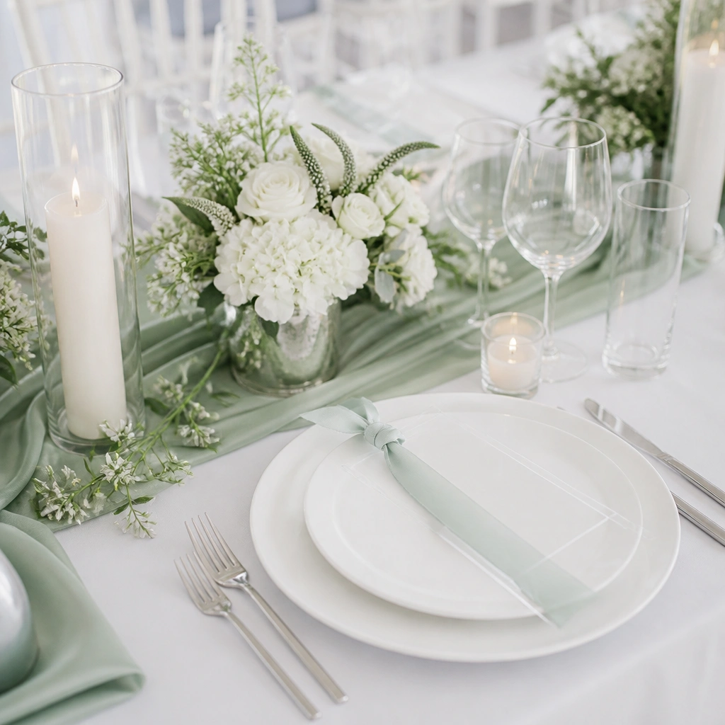 A minimalist wedding setting with mint table runners, white florals, light grey suit details, and mint ribbon on clear acrylic menus.