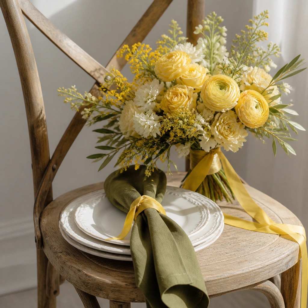 A sunny bridal bouquet with butter-yellow flowers, ivory plates, olive-green napkins, and small yellow ribbon details on a rustic chair.