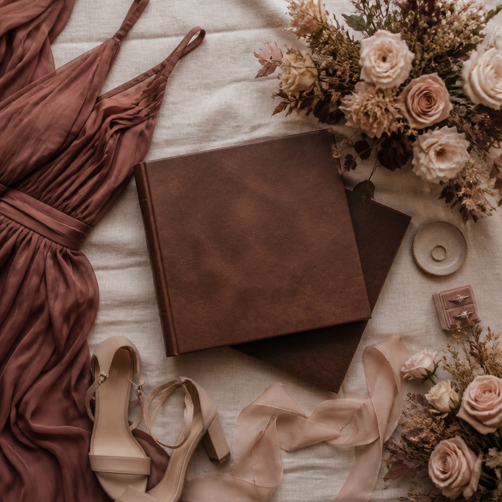 A moody-but-soft wedding flat lay with rosewood bridesmaid dresses, blush beige linens, espresso-brown leather album accents, and blush florals.