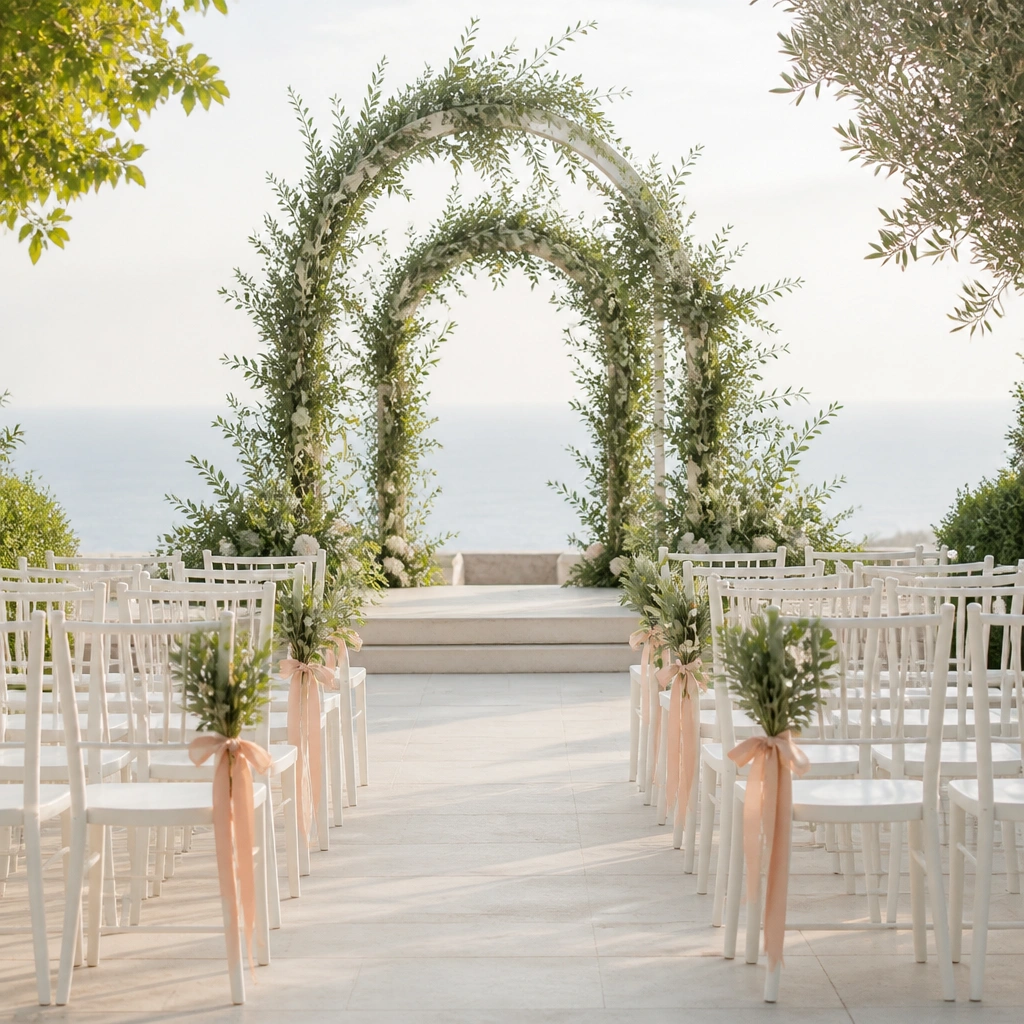 A simple ceremony setup with white chairs, sage greenery arches, and small peach ribbon bows tied to chair backs and bouquets.