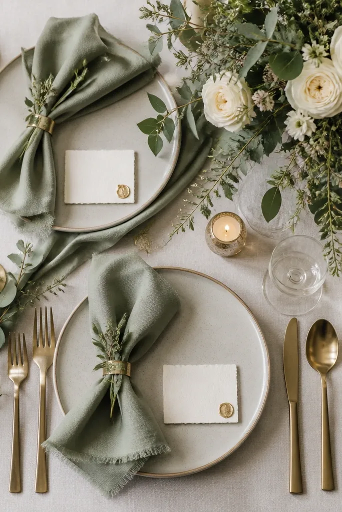A styled wedding flat lay with sage green napkins, cream candles, and a bouquet mixing eucalyptus-like greens with ivory blooms; small gold accents on place cards.