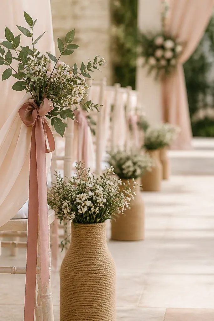 A ceremony aisle concept showing blush fabric draping, dusty rose ribbon tied to greenery, and jute-wrapped vases with small cream flowers.