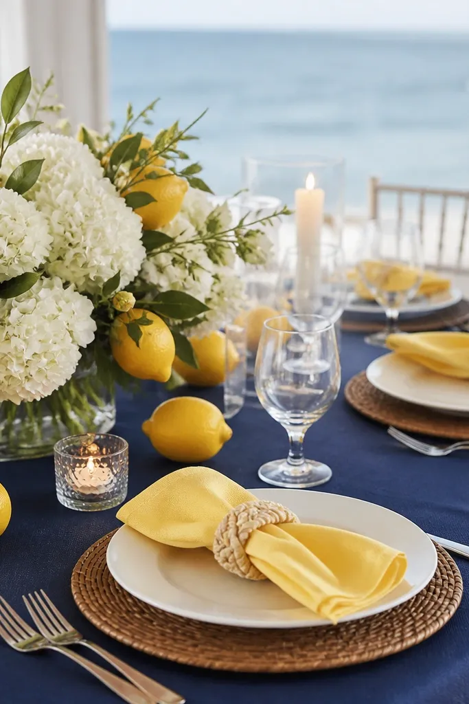 A seaside-inspired setting with navy tablecloths, white plates, lemon-yellow napkins, and a centerpiece of white hydrangea-like blooms with lemon accents.