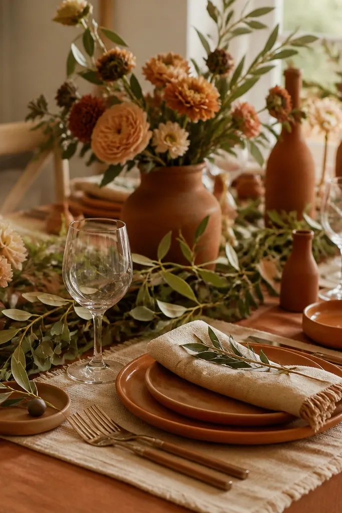 A warm-toned table with terracotta ceramics, sand-colored runners, olive greenery garlands, and bouquets with peachy blooms.