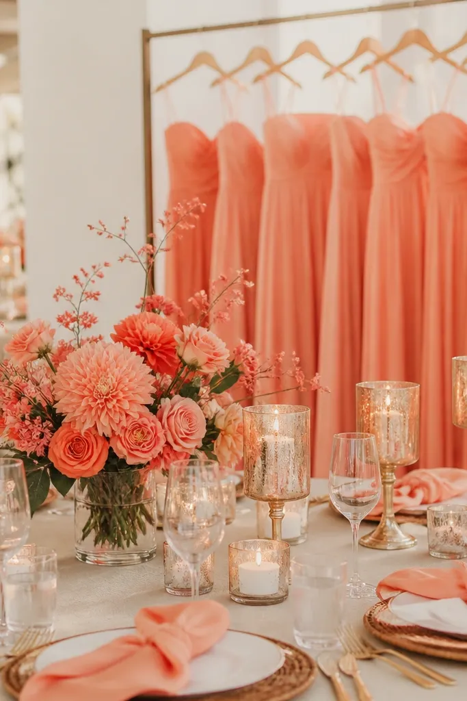 A reception scene with coral-colored bridesmaid dresses on a hanger, peach napkins, champagne metallic candle holders, and a bouquet with coral-toned petals.