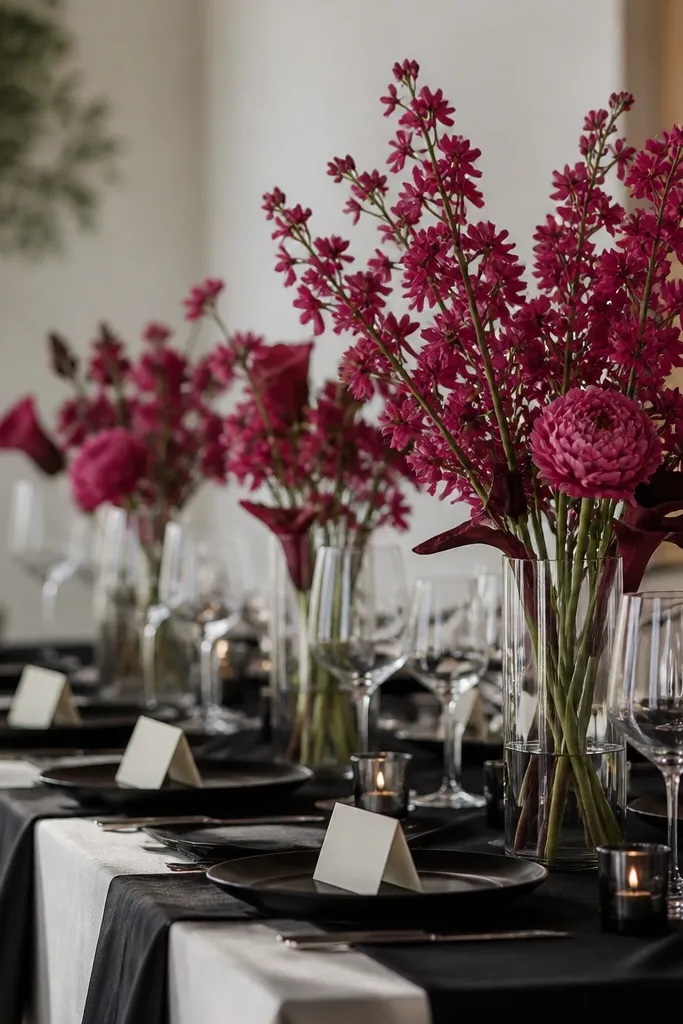 A modern table setting with black table runners, ivory place cards, and raspberry-colored florals in tall glass vases.