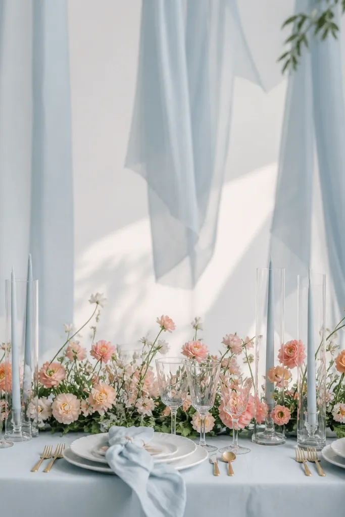An airy styled shoot with powder-blue fabric banners, white dinnerware, and small soft-coral floral buds scattered in a low arrangement.