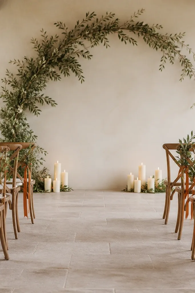 A minimal ceremony setup with olive garlands, cream candles, and burnt orange ribbons on chair backs.