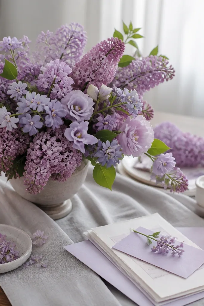 A lilac-themed bouquet with pale lavender blooms, light gray linen tablecloth, white candles, and lilac stationery on a wooden table.