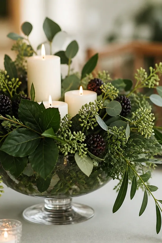 A reception centerpiece with deep emerald greenery, ivory candles, and a few blackberry-like fruit accents in a glass bowl.