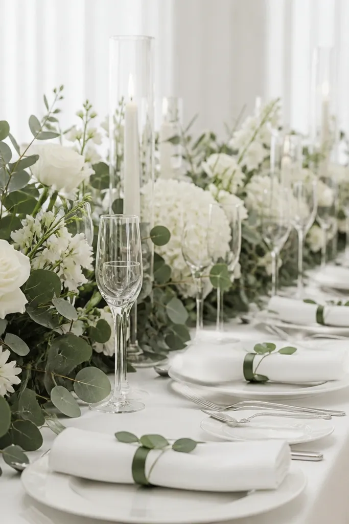 A clean monochrome design with white florals, green eucalyptus, champagne glassware, and white table linens with green napkin rings.