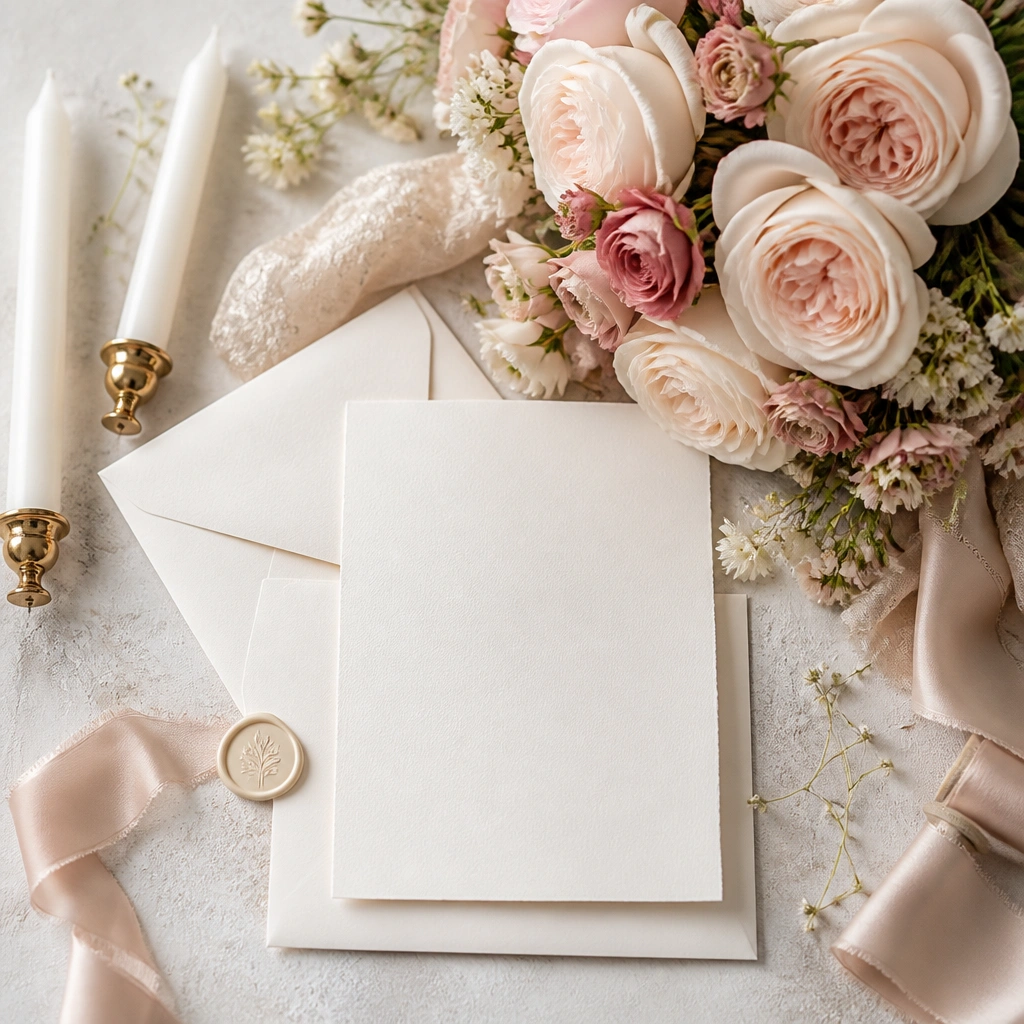 A winter wedding flat lay: ivory invitations on matte pearl paper, a bouquet of blush garden roses with dusty rose mini blooms, white taper candles, and a satin ribbon in pale blush.