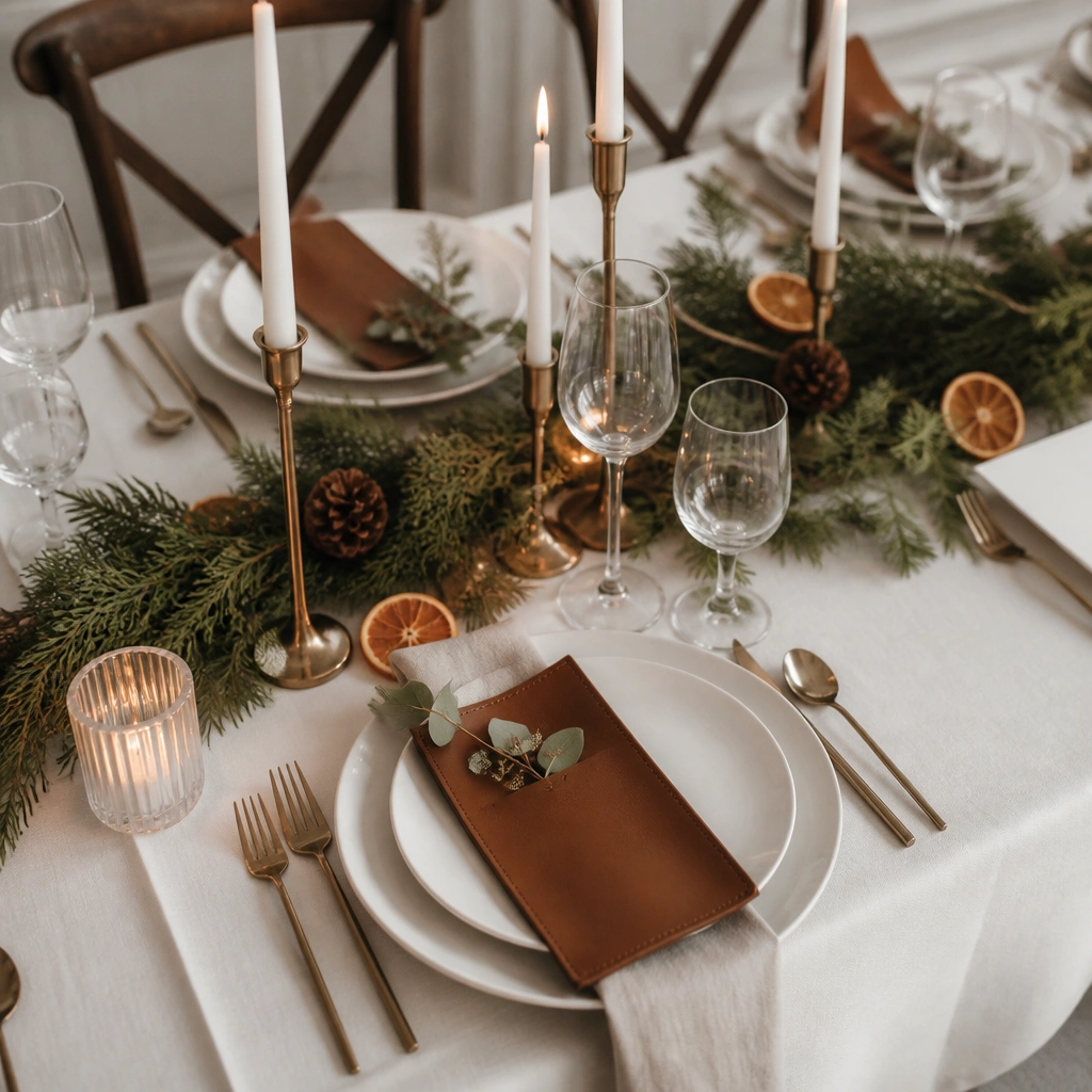 A styled ceremony table with cream linen, evergreen garland, cinnamon-brown leather menu holders, and gold candlesticks surrounded by pinecones and dried orange slices.