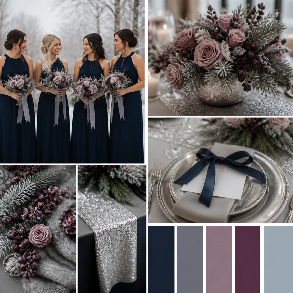 A moody winter color board: deep navy bridesmaid dresses, silver sequined table runner, frosted mauve centerpieces with plum-toned berries, and navy ribbon on place cards.