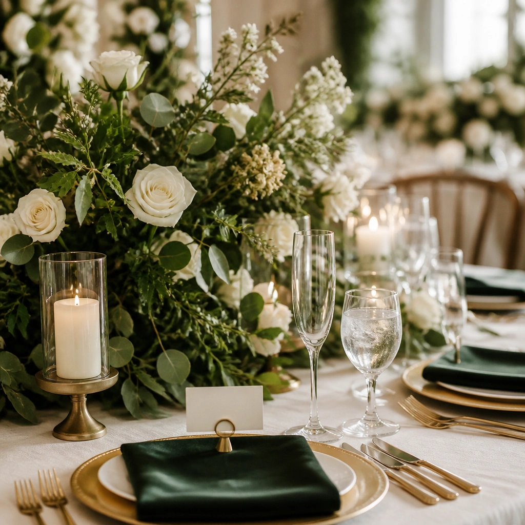 A reception vignette: warm white tablecloth, forest green velvet napkins, champagne-gold place card holders, and greenery-heavy floral arrangements with cream roses.