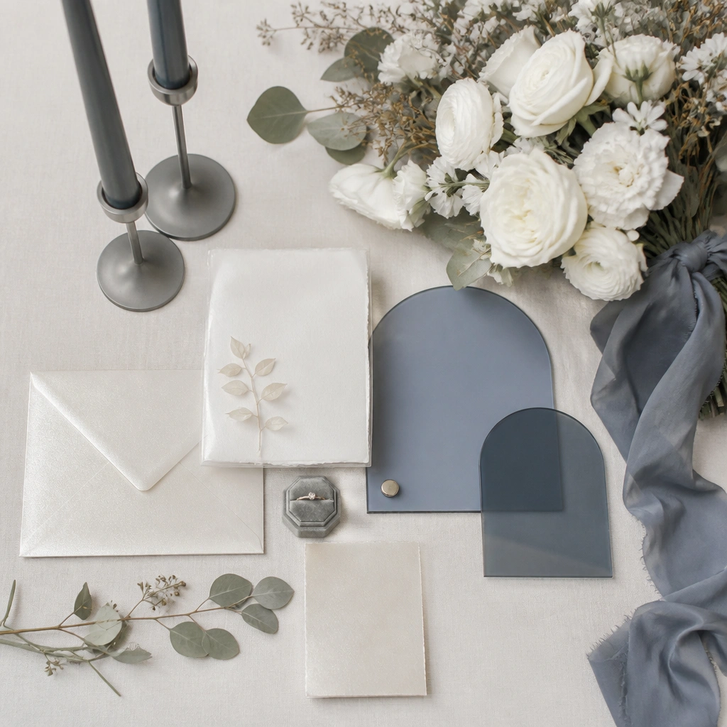A minimalist wedding flat lay: pearl stationery, slate blue acrylic signs, steel-gray taper holders, and a bouquet of white flowers with slate-blue ribbon and dried eucalyptus.
