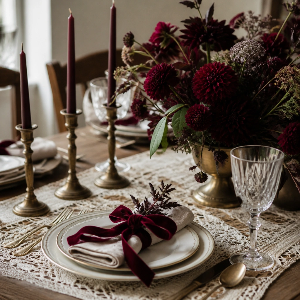 A dramatic table setting: ivory lace runner, burgundy wine-colored blooms, antique brass candlesticks, and burgundy velvet ribbon tied around napkins.