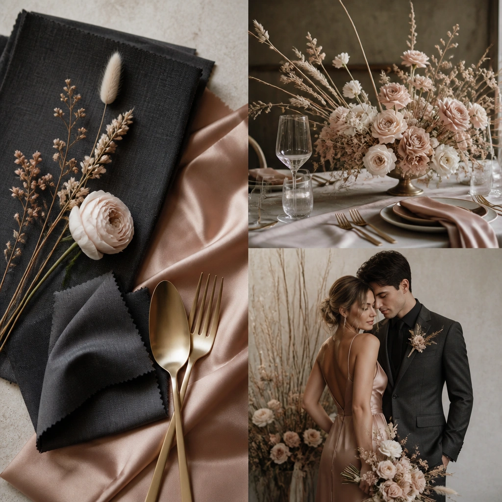 A fashion-forward wedding styling: charcoal suit fabric swatches, blush smoke satin dress fabric, soft gold cutlery, and centerpieces with pale blush flowers and long dried stems.
