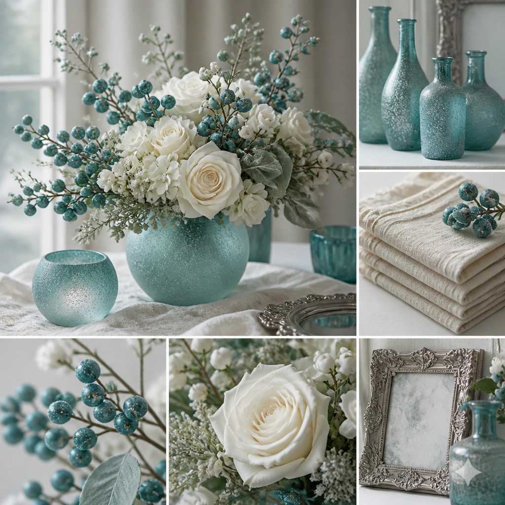 A striking winter palette board: teal frosted glass vases, cream table linens, antique silver frames, and centerpieces featuring teal berries and white blooms.