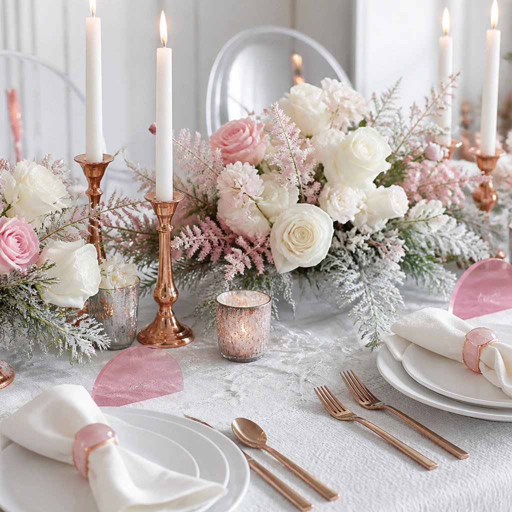 A bright winter-themed table: rose quartz napkin rings, white florals with pale pink accents, antique copper candle holders, and blush-pink acrylic place cards.