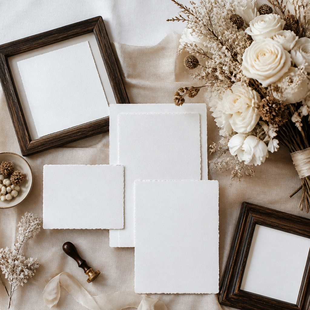 A neutral winter wedding flat lay: porcelain white invitations, champagne beige table runner, espresso-brown wooden frames, and a bouquet of cream blooms with dried brown accents.
