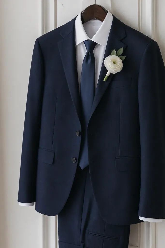 A navy wool suit jacket and matching trousers on a hanger, paired with a crisp white dress shirt, a simple navy satin tie, and a white boutonniere flower pinned to the lapel.