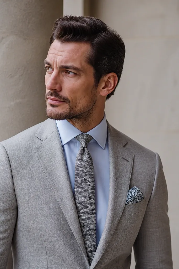 A light grey suit (slightly textured fabric) styled with a powder blue button-down, a matching grey tie, and a pocket square with a small blue pattern peeking from the breast pocket.