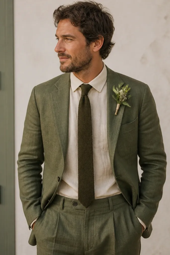 An olive green linen suit with a slightly relaxed drape, worn with a cream linen shirt, a dark green knitted tie, and a small white-and-olive boutonniere.