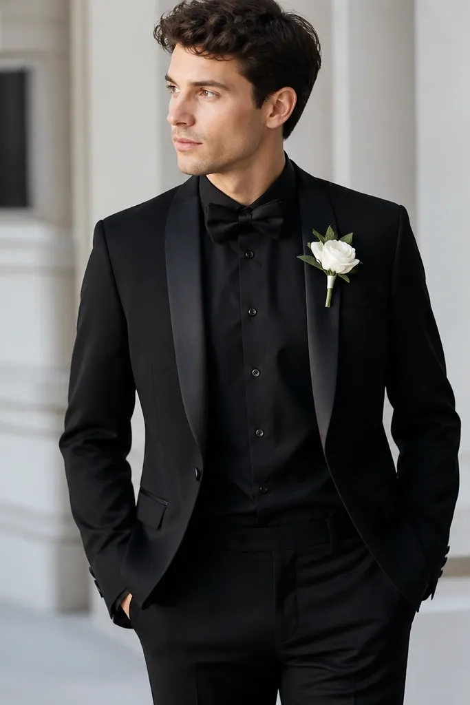 A black suit jacket with satin lapel trim, black trousers, a black dress shirt with a subtle sheen, a black bow tie, and a white boutonniere.