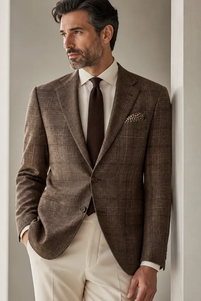 A brown and tan check suit jacket paired with cream trousers or matching trousers, a solid cream dress shirt, a dark brown tie, and a pocket square with a small matching pattern.