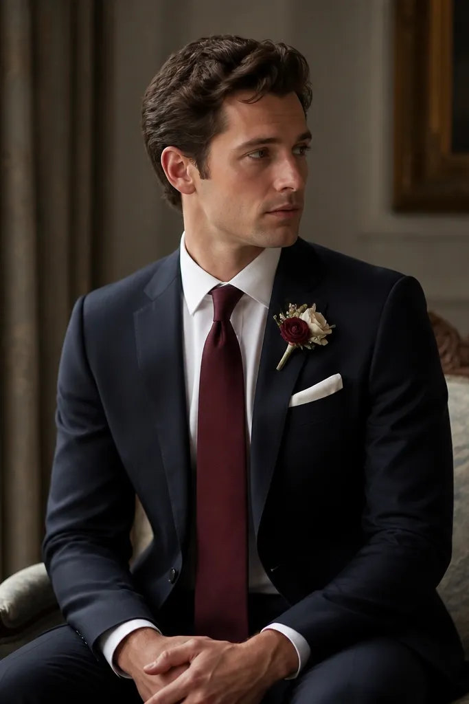 A navy blazer and trousers with a white dress shirt, a burgundy necktie, and a white pocket square folded cleanly in the breast pocket; a burgundy-and-cream boutonniere sits on the lapel.