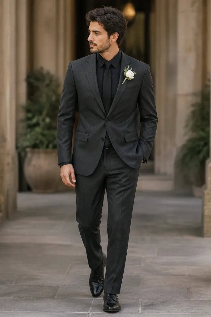 A charcoal grey suit with a fitted black dress shirt, a matte black tie, polished black leather shoes, and a single white boutonniere.