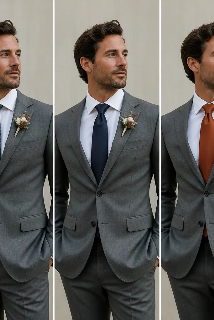 A neutral suit (medium grey) shown with three interchangeable tie options: one knit tie in muted teal, one satin tie in deep navy, and one silk tie in rust; each outfit includes a white shirt and a consistent boutonniere placement.